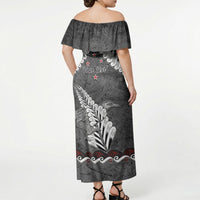 New Zealand Weka Personalised Off Shoulder Maxi Dress Aotearoa Hen Silver Fern Maori Pattern LT22 - Polynesian Pride