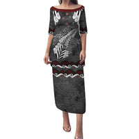 New Zealand Weka Personalised Puletasi Aotearoa Hen Silver Fern Maori Pattern LT22 Long Dress Black - Polynesian Pride