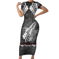 New Zealand Weka Personalised Short Sleeve Bodycon Dress Aotearoa Hen Silver Fern Maori Pattern LT22 Long Dress Black - Polynesian Pride