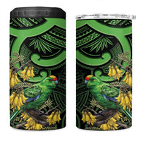 New Zealand Parakeet Bird 4 in 1 Can Cooler Tumbler Maori Kakariki Kowhai Maori Pattern