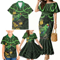 New Zealand Parakeet Bird Family Matching Mermaid Dress and Hawaiian Shirt Maori Kakariki Kowhai Maori Pattern