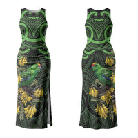 New Zealand Parakeet Bird Family Matching Tank Maxi Dress and Hawaiian Shirt Maori Kakariki Kowhai Maori Pattern LT22 Mom's Dress Green - Polynesian Pride