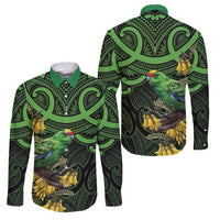 New Zealand Parakeet Bird Family Matching Tank Maxi Dress and Hawaiian Shirt Maori Kakariki Kowhai Maori Pattern LT22 Dad's Shirt - Long Sleeve Green - Polynesian Pride