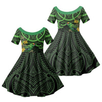 New Zealand Parakeet Bird Family Matching Tank Maxi Dress and Hawaiian Shirt Maori Kakariki Kowhai Maori Pattern LT22 Daughter's Dress Green - Polynesian Pride