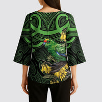 New Zealand Parakeet Bird Kimono Sleeve Blouse Maori Kakariki Kowhai Maori Pattern