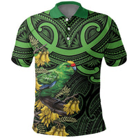 New Zealand Parakeet Bird Polo Shirt Maori Kakariki Kowhai Maori Pattern LT22 Green - Polynesian Pride