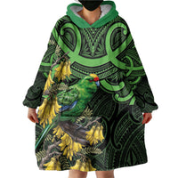 New Zealand Parakeet Bird Wearable Blanket Hoodie Maori Kakariki Kowhai Maori Pattern