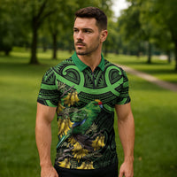 New Zealand Parakeet Bird Zipper Polo Shirt Maori Kakariki Kowhai Maori Pattern