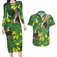 Bellbird New Zealand Personalised Couples Matching Long Sleeve Bodycon Dress and Hawaiian Shirt Kowhai Flower Maori Pattern
