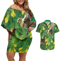 Bellbird New Zealand Personalised Couples Matching Off Shoulder Short Dress and Hawaiian Shirt Kowhai Flower Maori Pattern