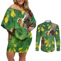 Bellbird New Zealand Personalised Couples Matching Off Shoulder Short Dress and Long Sleeve Button Shirt Kowhai Flower Maori Pattern