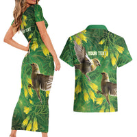Bellbird New Zealand Personalised Couples Matching Short Sleeve Bodycon Dress and Hawaiian Shirt Kowhai Flower Maori Pattern