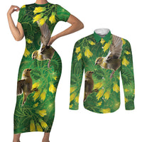 Bellbird New Zealand Personalised Couples Matching Short Sleeve Bodycon Dress and Long Sleeve Button Shirt Kowhai Flower Maori Pattern
