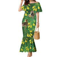 Bellbird New Zealand Personalised Family Matching Mermaid Dress and Hawaiian Shirt Kowhai Flower Maori Pattern LT22 Mom's Dress Green - Polynesian Pride