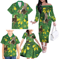 Bellbird New Zealand Personalised Family Matching Off The Shoulder Long Sleeve Dress and Hawaiian Shirt Kowhai Flower Maori Pattern