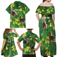 Bellbird New Zealand Personalised Family Matching Off Shoulder Maxi Dress and Hawaiian Shirt Kowhai Flower Maori Pattern