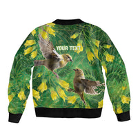 Bellbird New Zealand Personalised Sleeve Zip Bomber Jacket Kowhai Flower Maori Pattern