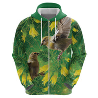 Bellbird New Zealand Personalised Zip Hoodie Kowhai Flower Maori Pattern