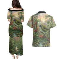 Bellbird New Zealand Personalised Couples Matching Puletasi and Hawaiian Shirt Korimako Harakeke Flower Native Forest