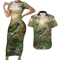 Bellbird New Zealand Personalised Couples Matching Short Sleeve Bodycon Dress and Hawaiian Shirt Korimako Harakeke Flower Native Forest