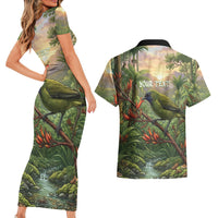 Bellbird New Zealand Personalised Couples Matching Short Sleeve Bodycon Dress and Hawaiian Shirt Korimako Harakeke Flower Native Forest
