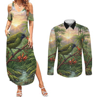 Bellbird New Zealand Personalised Couples Matching Summer Maxi Dress and Long Sleeve Button Shirt Korimako Harakeke Flower Native Forest