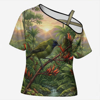 Bellbird New Zealand Personalised Cross Shoulder Shirt Korimako Harakeke Flower Native Forest