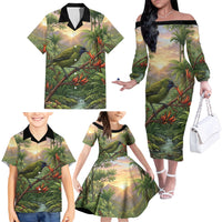 Bellbird New Zealand Personalised Family Matching Off The Shoulder Long Sleeve Dress and Hawaiian Shirt Korimako Harakeke Flower Native Forest