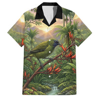 Bellbird New Zealand Personalised Family Matching Off Shoulder Maxi Dress and Hawaiian Shirt Korimako Harakeke Flower Native Forest