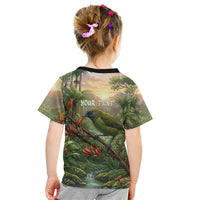 Bellbird New Zealand Personalised Kid T Shirt Korimako Harakeke Flower Native Forest LT22 - Polynesian Pride