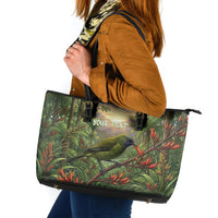 Bellbird New Zealand Personalised Leather Tote Bag Korimako Harakeke Flower Native Forest