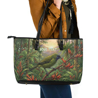 Bellbird New Zealand Personalised Leather Tote Bag Korimako Harakeke Flower Native Forest