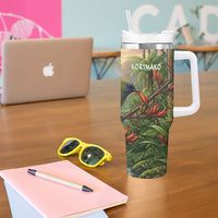 Bellbird New Zealand Personalised Tumbler With Handle Korimako Harakeke Flower Native Forest