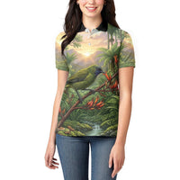 Bellbird New Zealand Personalised Women Polo Shirt Korimako Harakeke Flower Native Forest