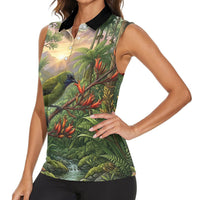 Bellbird New Zealand Personalised Women Sleeveless Polo Shirt Korimako Harakeke Flower Native Forest