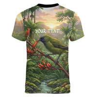Bellbird New Zealand Personalised Women V-Neck T-Shirt Korimako Harakeke Flower Native Forest
