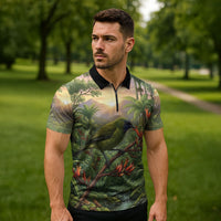 Bellbird New Zealand Personalised Zipper Polo Shirt Korimako Harakeke Flower Native Forest