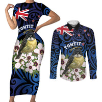 Tomtit New Zealand Personalised Couples Matching Short Sleeve Bodycon Dress and Long Sleeve Button Shirt Miromiro Manuka Flower Maori Pattern