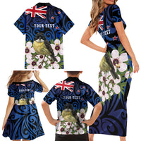 Tomtit New Zealand Personalised Family Matching Short Sleeve Bodycon Dress and Hawaiian Shirt Miromiro Manuka Flower Maori Pattern