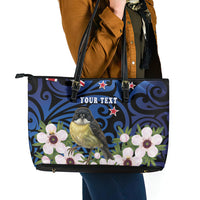 Tomtit New Zealand Personalised Leather Tote Bag Miromiro Manuka Flower Maori Pattern