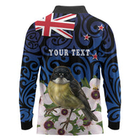 Tomtit New Zealand Personalised Long Sleeve Polo Shirt Miromiro Manuka Flower Maori Pattern LT22 - Polynesian Pride