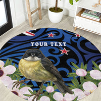 Tomtit New Zealand Personalised Round Carpet Miromiro Manuka Flower Maori Pattern LT22 Blue - Polynesian Pride