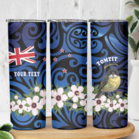 Tomtit New Zealand Personalised Skinny Tumbler Miromiro Manuka Flower Maori Pattern