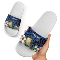 Tomtit New Zealand Personalised Slide Sandals Miromiro Manuka Flower Maori Pattern