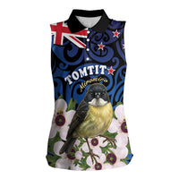Tomtit New Zealand Personalised Women Sleeveless Polo Shirt Miromiro Manuka Flower Maori Pattern