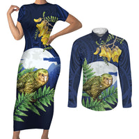 Kakapo New Zealand Personalised Couples Matching Short Sleeve Bodycon Dress and Long Sleeve Button Shirt Kowhai Flower Silver Fern Maori Pattern