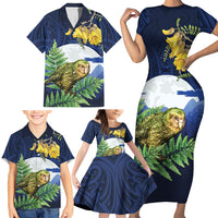 Kakapo New Zealand Personalised Family Matching Short Sleeve Bodycon Dress and Hawaiian Shirt Kowhai Flower Silver Fern Maori Pattern