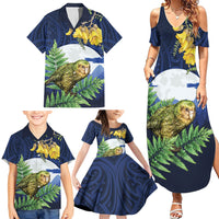 Kakapo New Zealand Personalised Family Matching Summer Maxi Dress and Hawaiian Shirt Kowhai Flower Silver Fern Maori Pattern