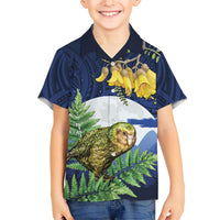 Kakapo New Zealand Personalised Family Matching Tank Maxi Dress and Hawaiian Shirt Kowhai Flower Silver Fern Maori Pattern LT22 Son's Shirt Blue - Polynesian Pride