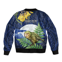Kakapo New Zealand Personalised Sleeve Zip Bomber Jacket Kowhai Flower Silver Fern Maori Pattern LT22 - Polynesian Pride